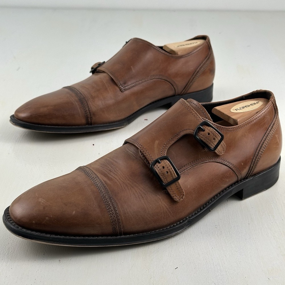 Kenneth Cole Double Monk Strap Shoes Brown Leather Sz 9 Cap Toe Stamp-ing Ground